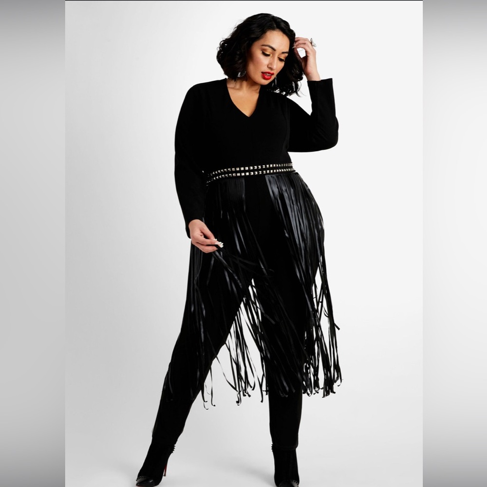 Ashley Stewart size 12 plus Black jumpsuit with fringe waist shoulder pads